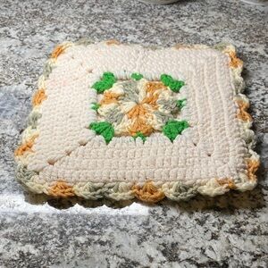 Handmade Crochet Square with Green and Orange Accents